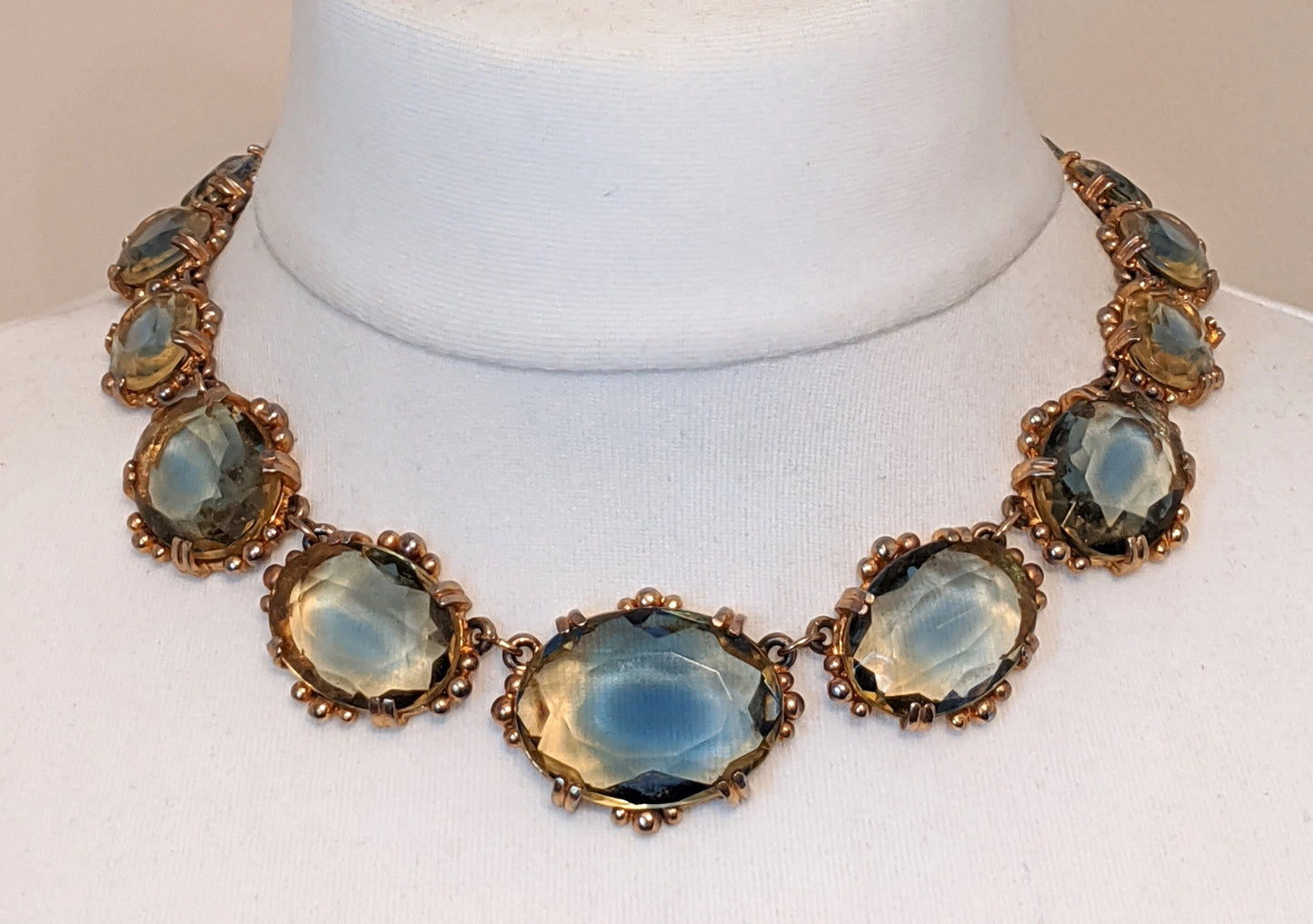 Vintage bi-colour citrine yellow & sapphire blue large crystal riviere necklace and bracelet set, by Sphinx