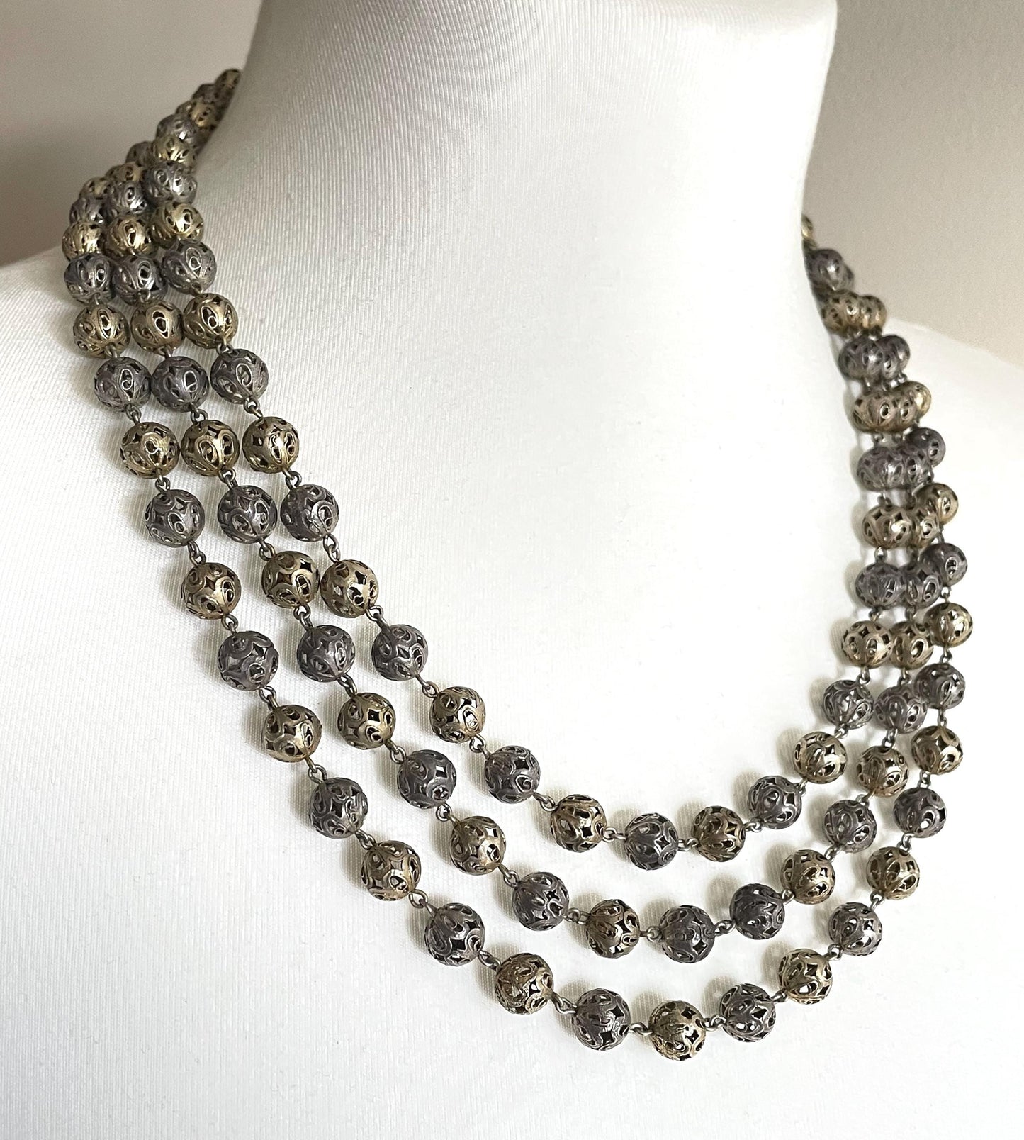 Antique sterling silver (tested) filigree bead, triple stranded necklace - gorgeous alternating silver and gold vermeil beads, 76 grams