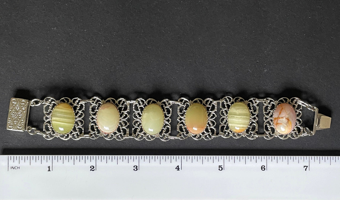 Vintage Giuliano Fratti, Milan (GM) signed pale green marble cabochon designer bracelet, heavy stones in silver tone filigree settings