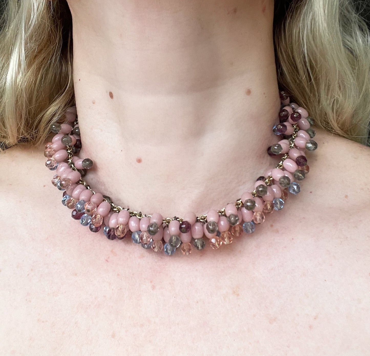 Heavy vintage baby pink, dark pink, grey and blue glass bead and Austrian faceted crystal bead fringe necklace with gold tone chain