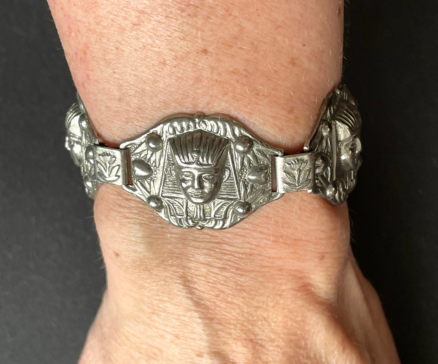 Vintage Egyptian revival Tutankhamun pharaoh silver tone panel bracelet, made in England