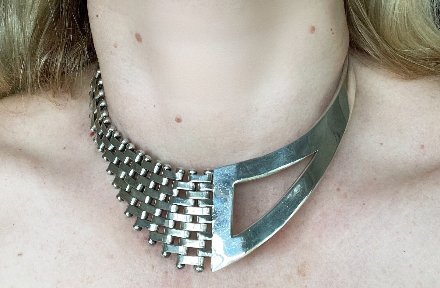 Beautiful vintage Mexican sterling silver, very heavy Art Deco style geometric and brickwork choker necklace, stamped 925 Mexico 150 grams