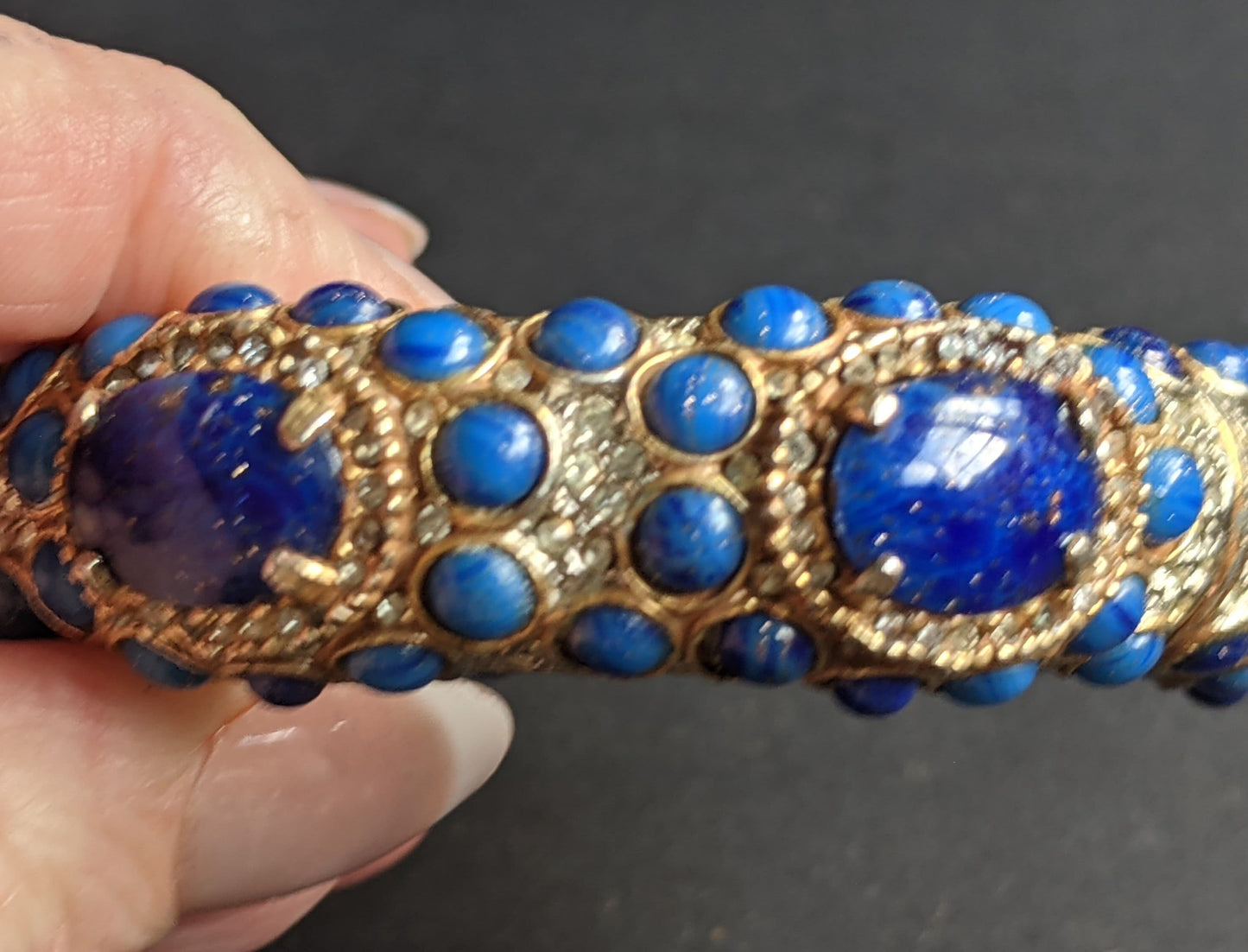 Vintage Kenneth Jay Lane KJL classic 1960s signed mogul style cabochon & rhinestone encrusted hinged bangle, lapis lazuli blue glass stones