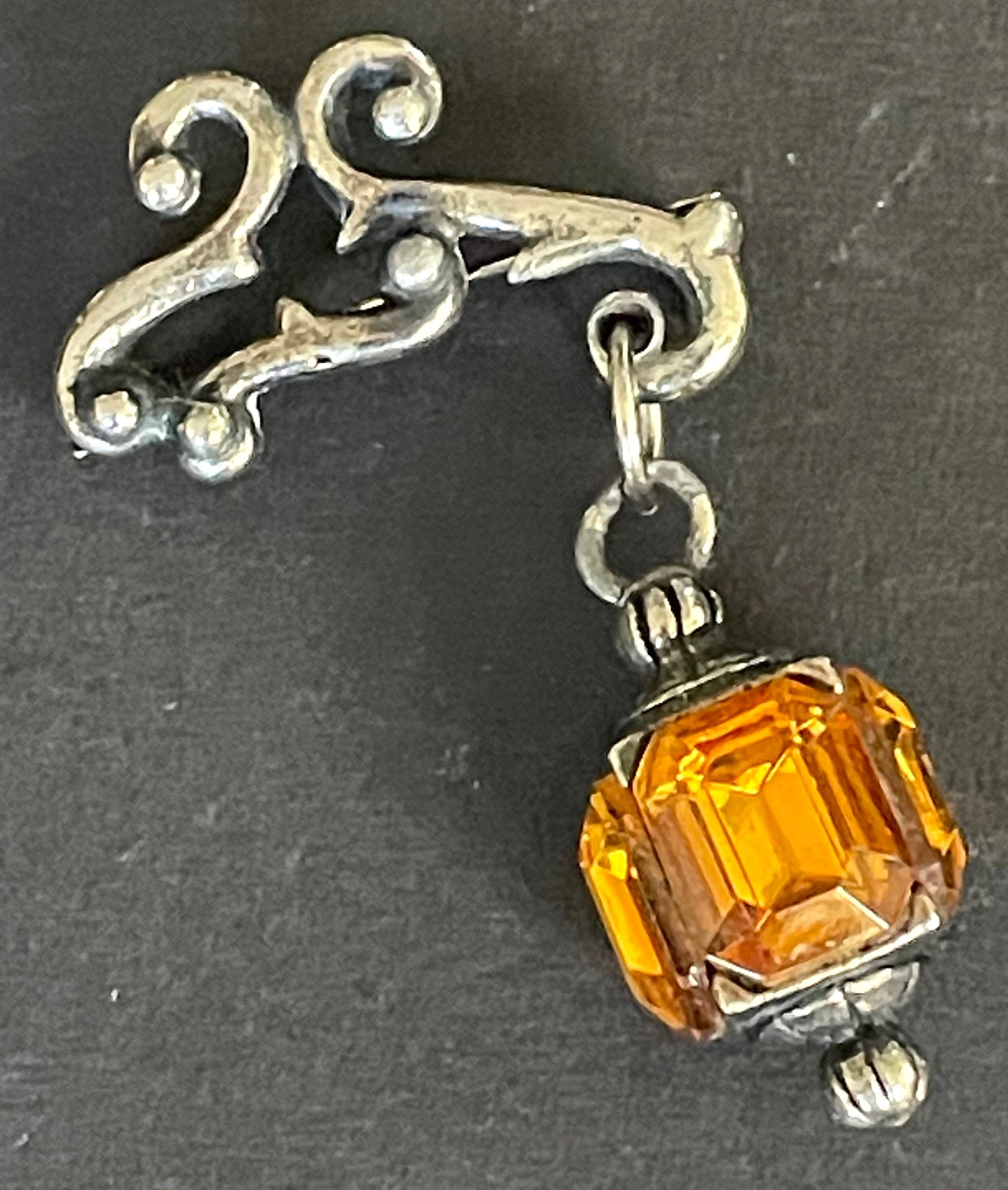 Quirky vintage figural hanging lantern brooch with citrine / topaz yellow orange rhinestones set in silver tone