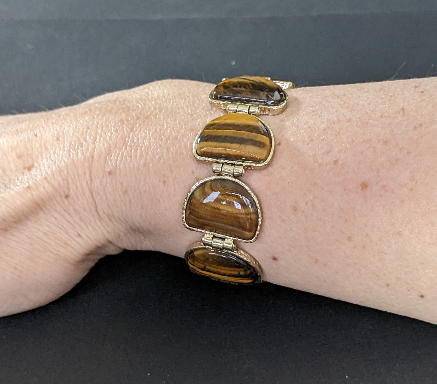 Vintage signed Monet necklace and bracelet set beautiful tigers eye gemstone half moon cabochon Art Deco design