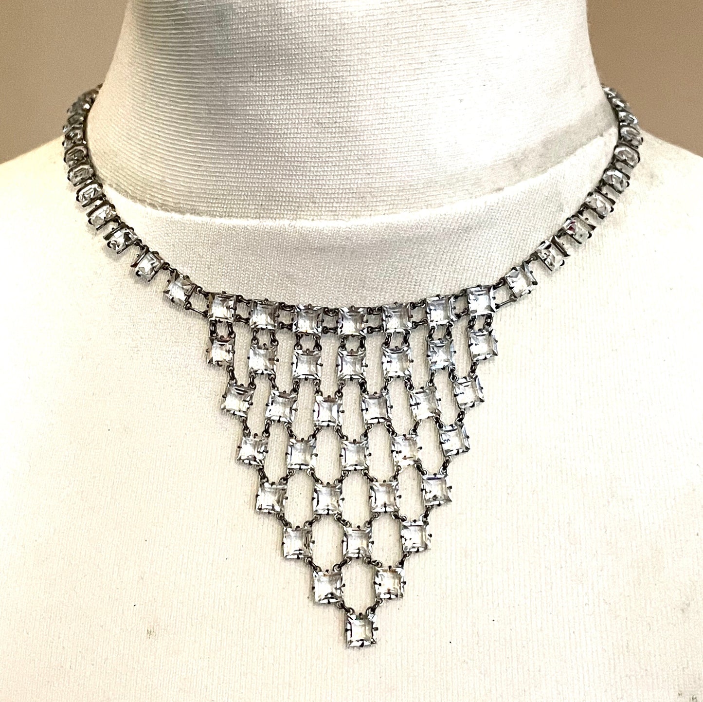 Vintage Art Deco crystal geometric riviere necklace, bezel set, open backed, princess cut (square) paste stones