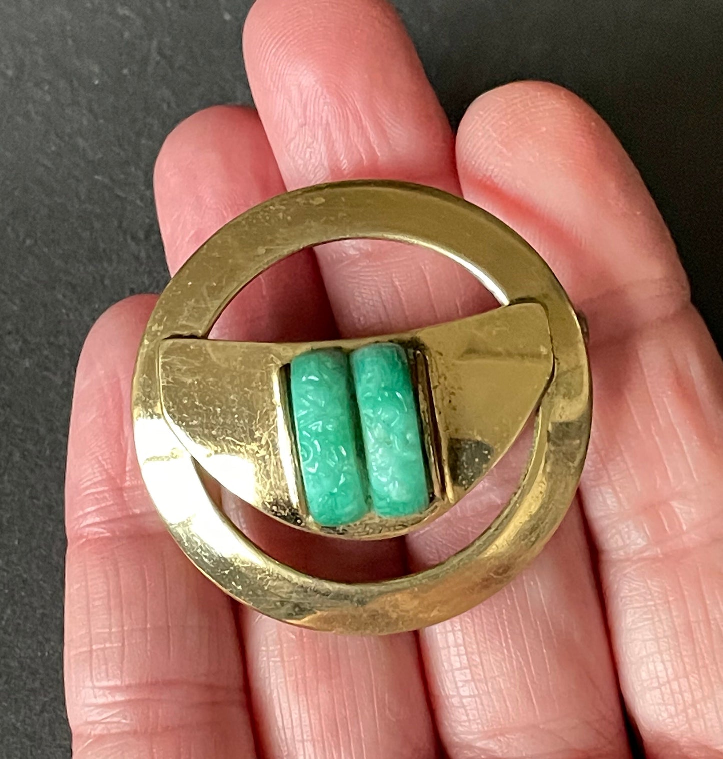 Vintage Art Deco machine age geometric gold tone brooch with moulded Peking glass green stones, trombone clasp French or Jakob Bengel ?