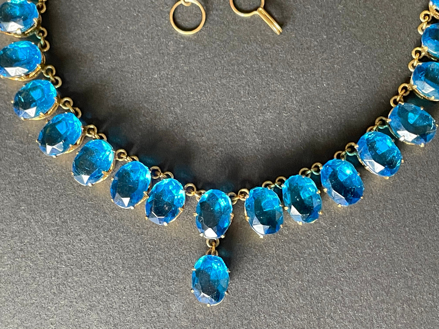 Antique Victorian bright sapphire blue paste riviere Y necklace, open backed large stones