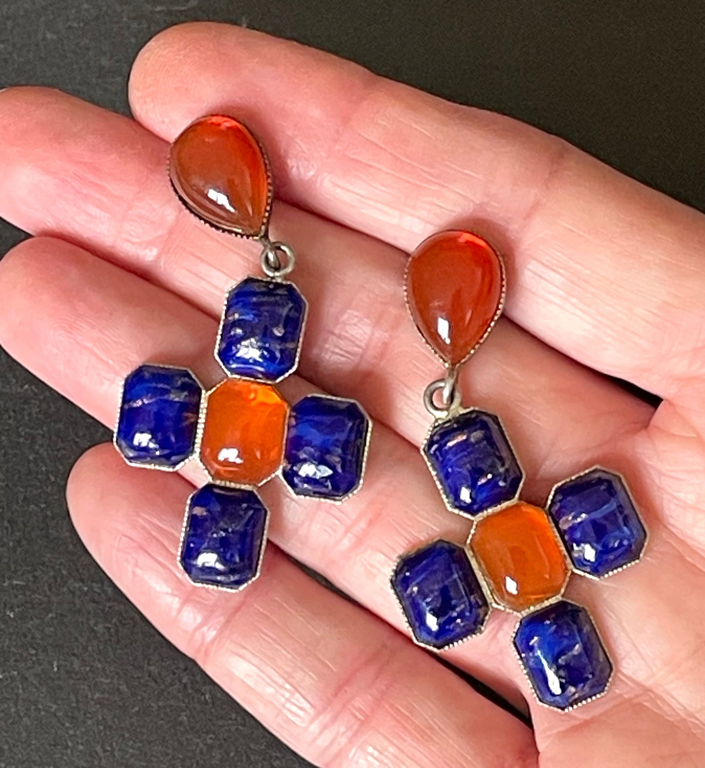 Vintage poured glass cabochon faux lapis lazuli deep blue and faux carnelian orange glass earrings with cross motif in silver tone