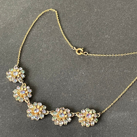 Vintage Art Deco iris glass intricate floral Czech necklace with gold tone settings and leaf designs, lovely heavy quality