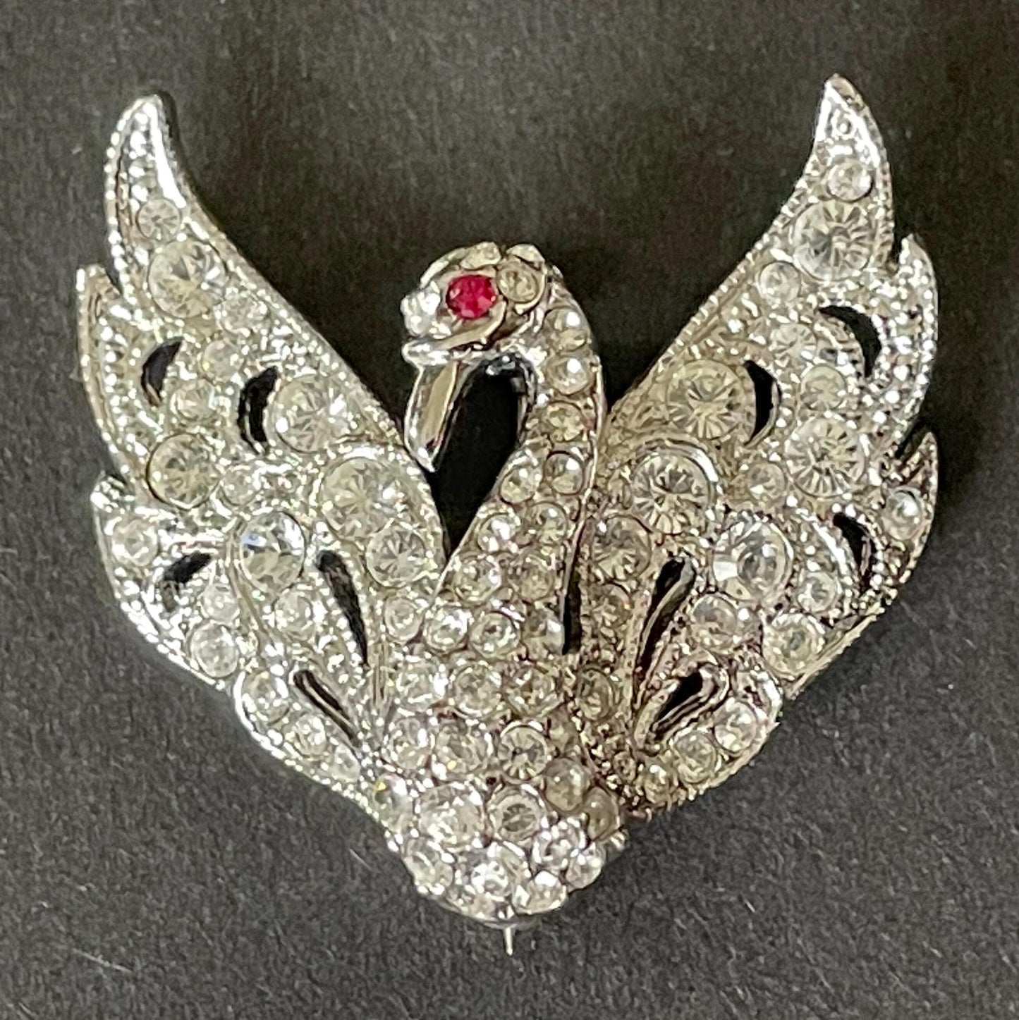 Vintage Attwood and Sawyer (A&S) signed swan brooch - shiny silver tone, clear and red rhinestones