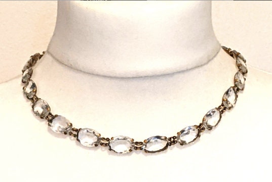 Vintage Art Deco clear paste large oval crystal riviere necklace, bezel set open backed Czech crystal stones set in gold tone