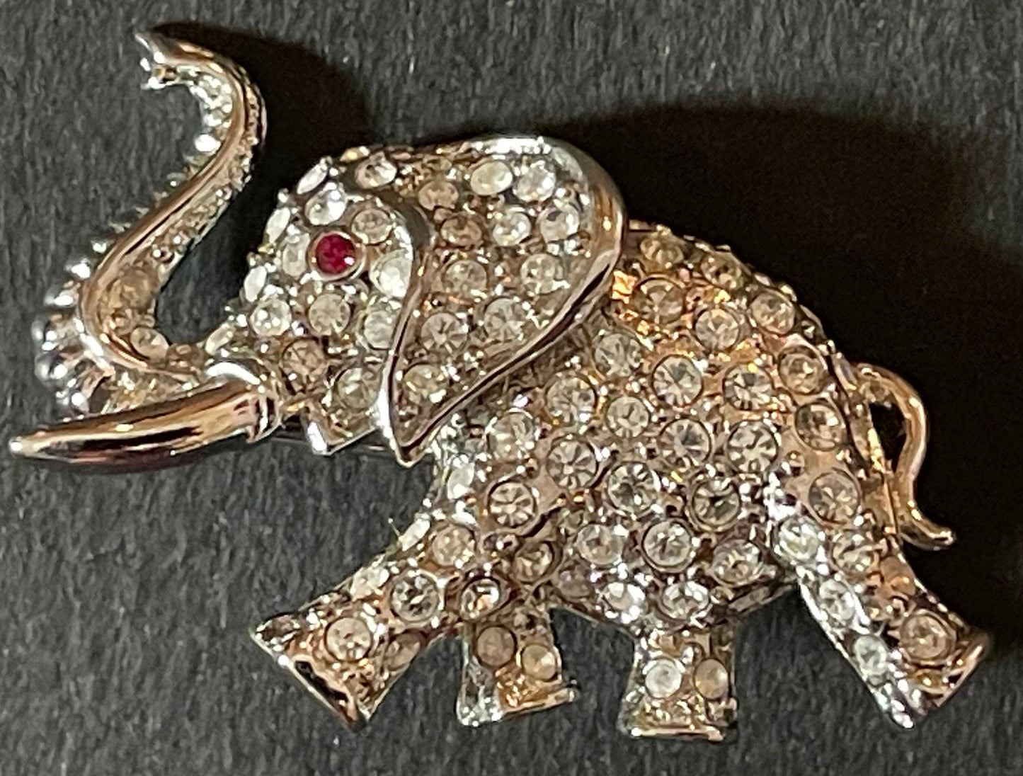 Vintage signed Attwood and Sawyer A&S silver tone rhodium plated and rhinestone elephant brooch, so adorable