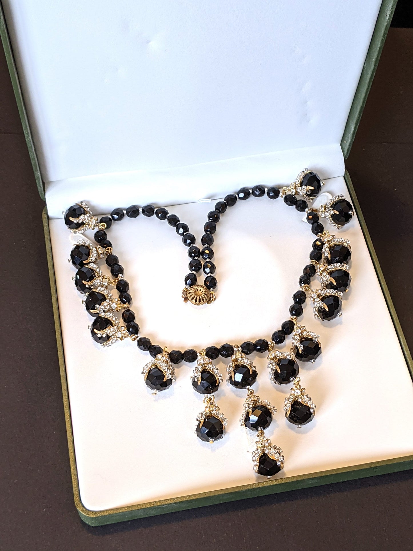 Vintage unsigned Stanley Hagler or Miriam Haskell heavy black French jet and rondelle fringe necklace, intricately beaded bead caps - in box