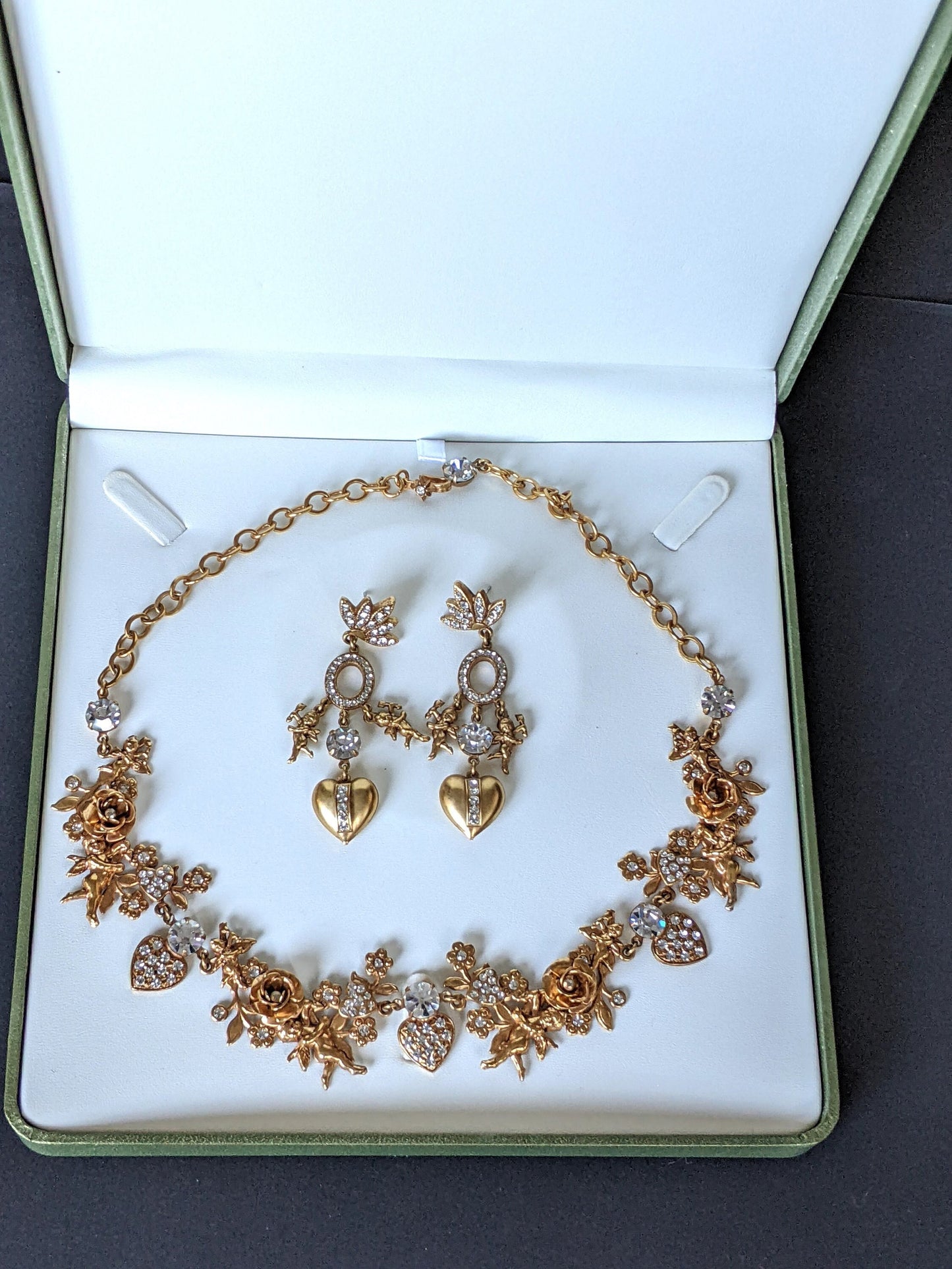 Vintage early Askew London cherub putti necklace & earrings set demi-parure, gold tone, rhinestone, excellent condition, presentation box