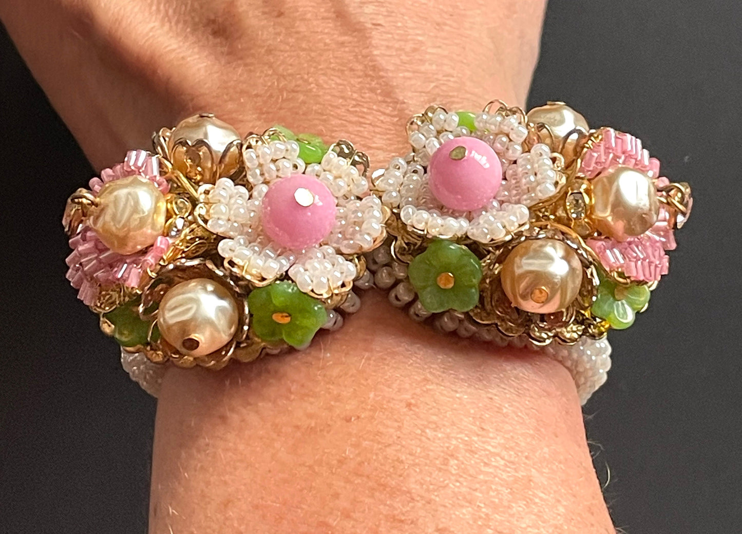 Vintage elaborate glass beaded floral clamper bangle with intricate micro beading and silver tone filigree, pink, green, white & faux pearl