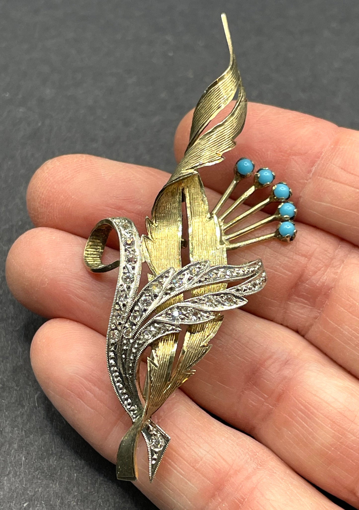 Beautiful vintage gold and silver tone floral leaf spray bouquet brooch, delicate settings, turquoise cabochons and cubic zirconia stones