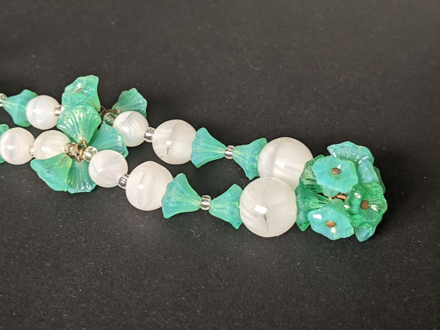 Vintage Art Deco green glass flower and white satin glass bead, delicate glass necklace