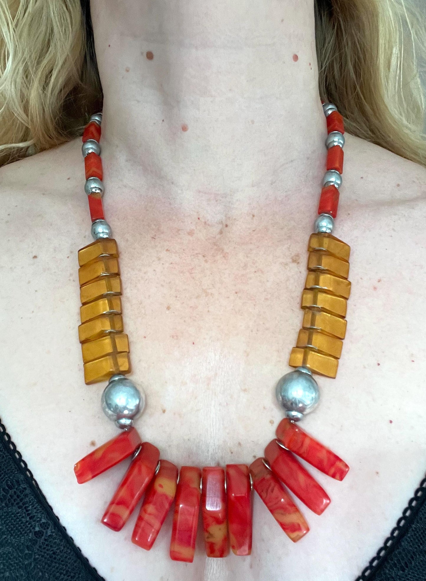 Vintage classic Art Deco geometric galalith (early plastic) bead fringe necklace, orange and chrome, on foxtail chain - Louis Rousselet ?