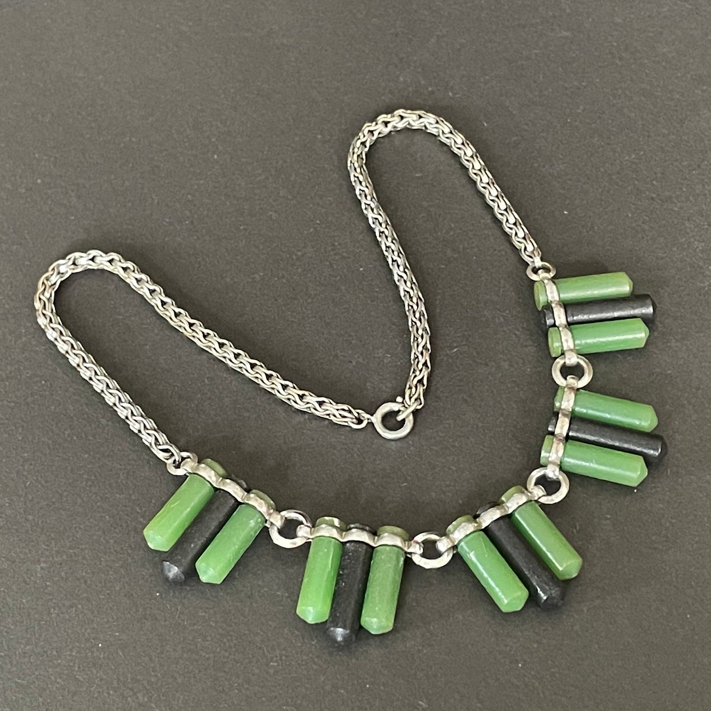 Vintage Jakob Bengel Art Deco machine age chrome with green and black galalith cylinders geometric necklace with snake chain, 1930s