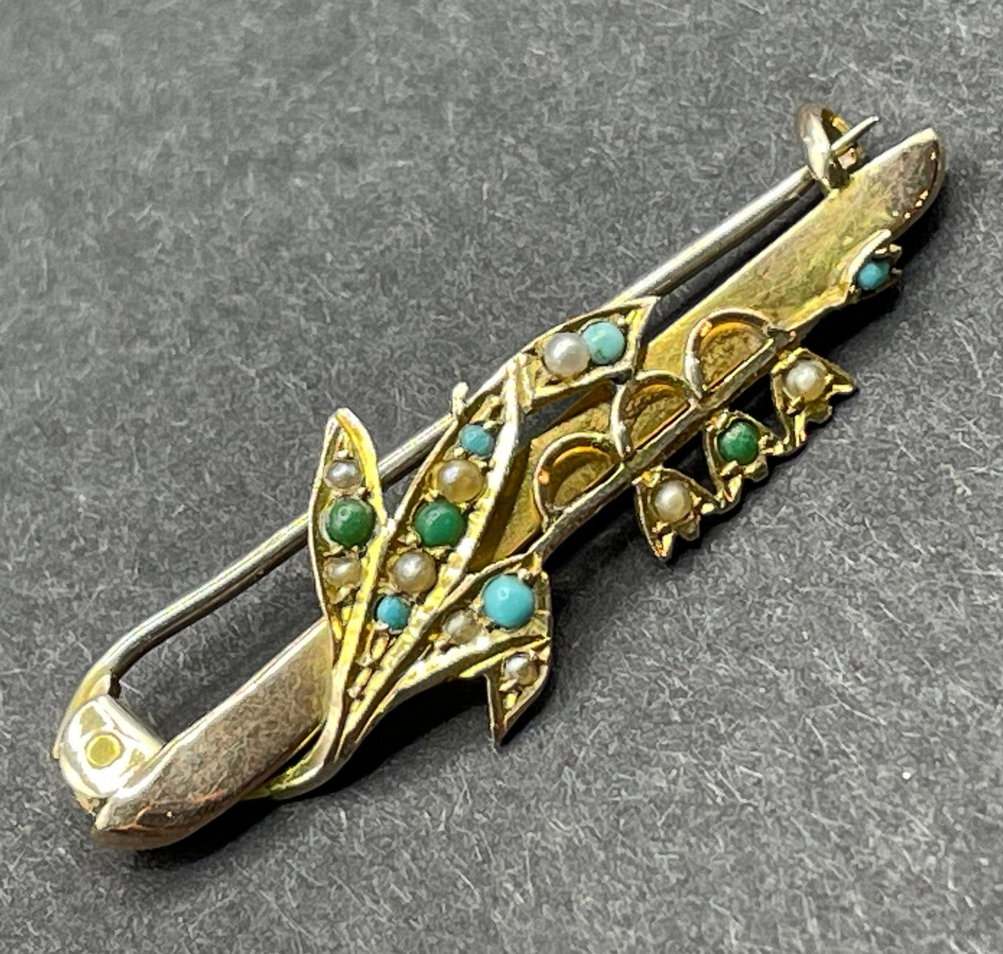 Antique floral lily of the valley brooch in 9ct gold decorated with real seed pearl cabochons and real Persian turquoise cabochons