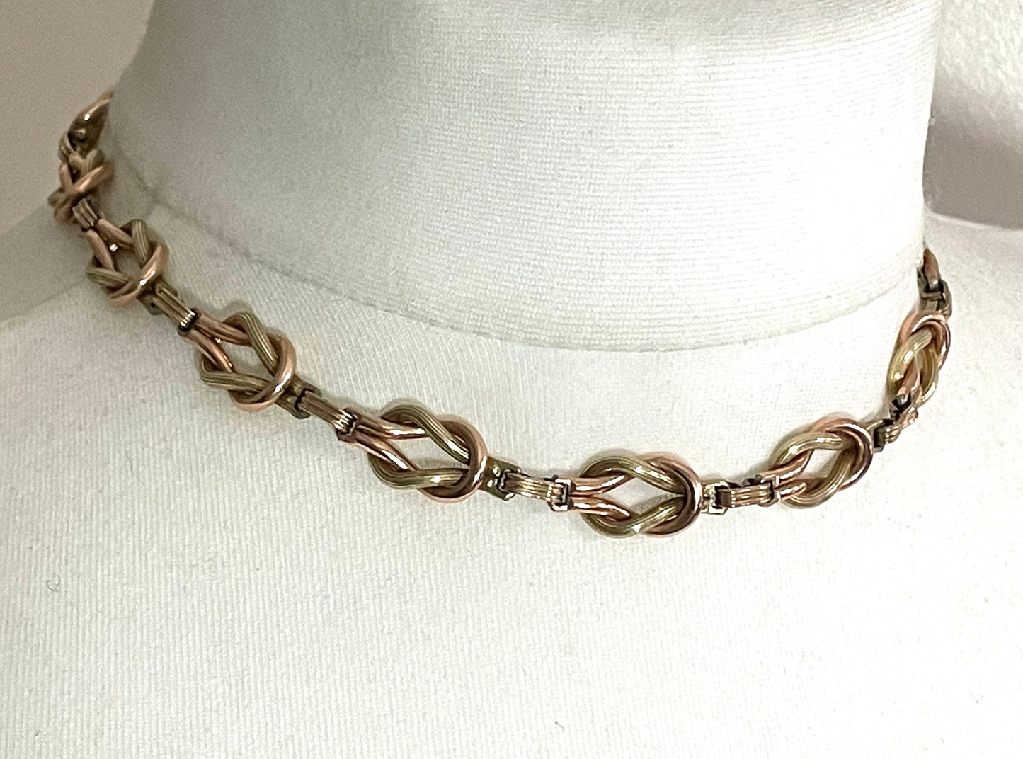 Vintage Art Deco reef knot necklace bi-colour 1/20 12K yellow / green and rose gold filled sterling silver, by GW in the 1930s