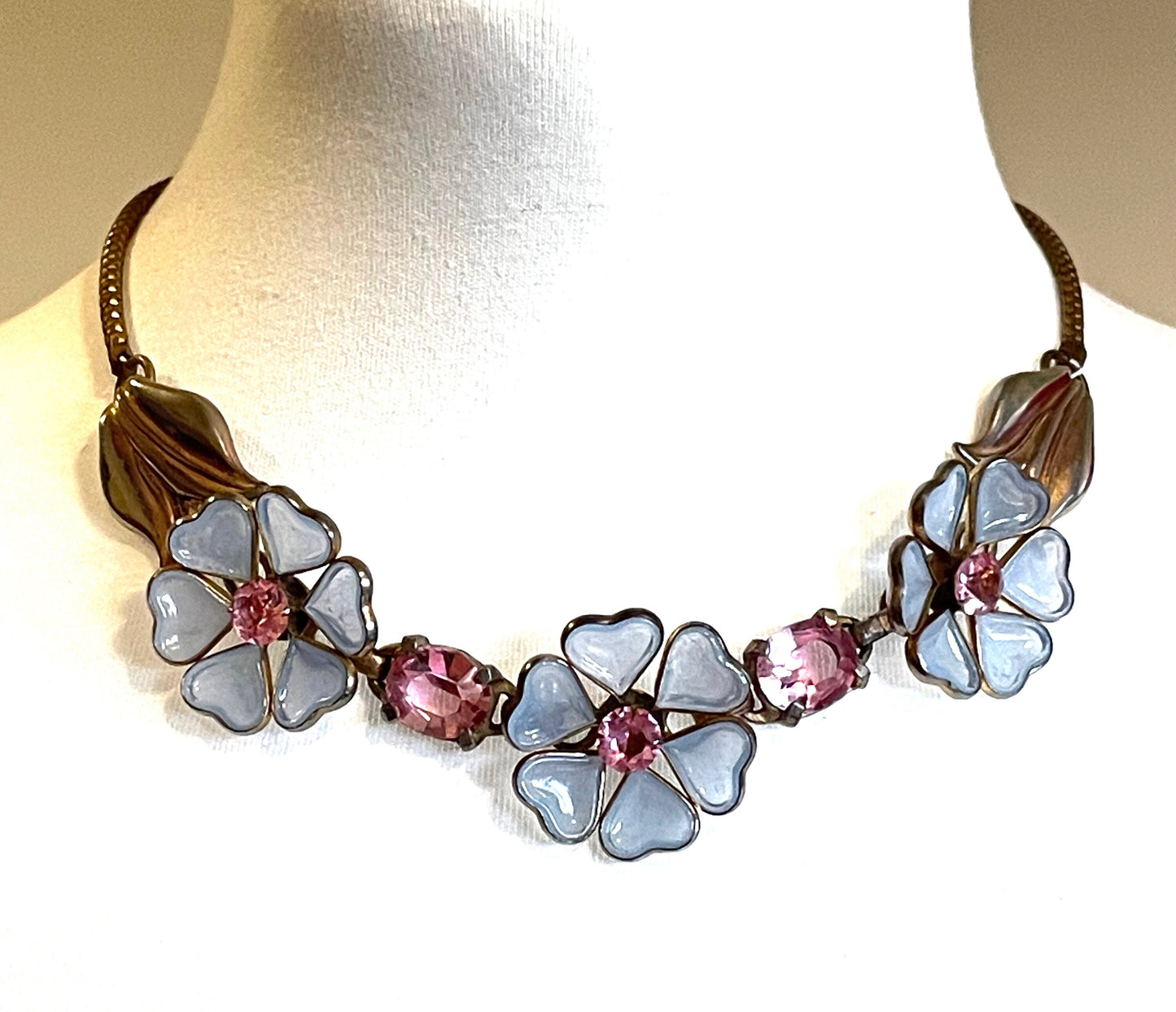 Rare vintage possibly Crown Trifari Alfred Philippe pale blue poured glass & pink rhinestone gold tone floral choker necklace, unsigned