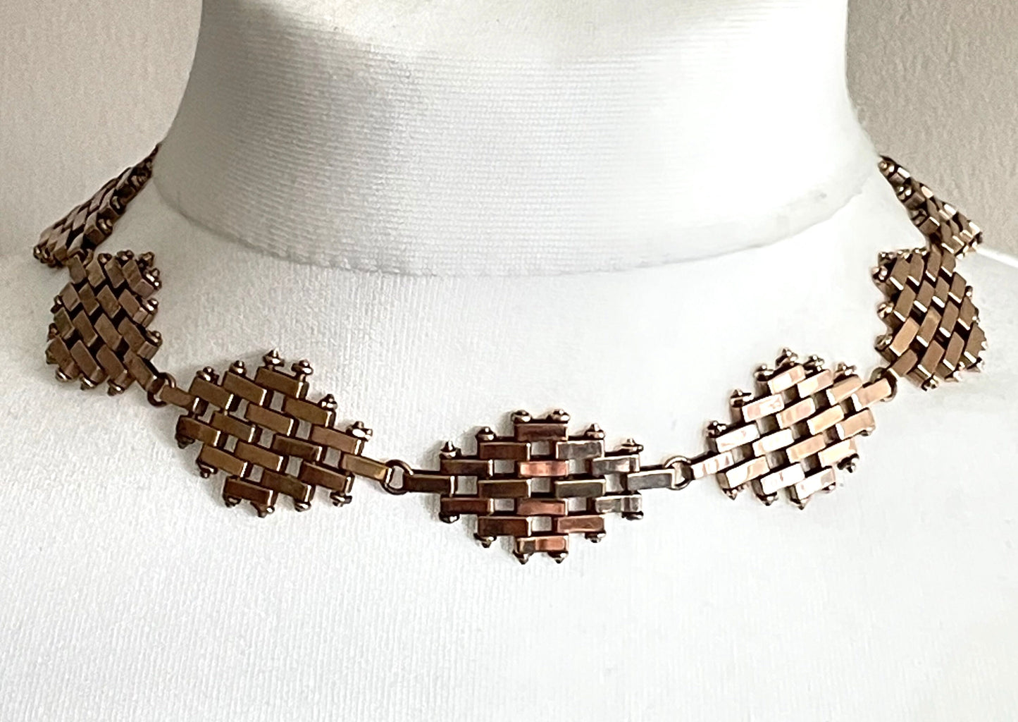 Vintage Jakob Bengel Art Deco brickwork / mauerwerk machine age gold tone choker necklace, geometric design