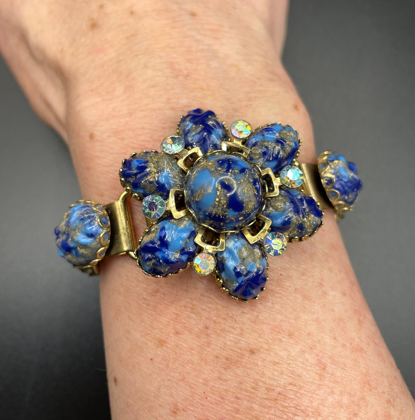 Vintage art glass rhinestone floral bracelet, textured blue and gold glass cabochons, Juliana Delizza and Elster (D&E) or Schreiner style