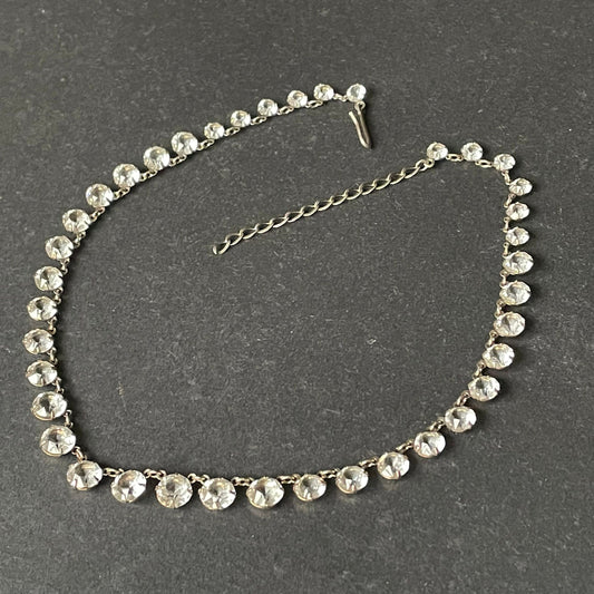 Vintage sterling silver gold vermeil Art Deco diamond clear crystal rhinestone riviere choker necklace, bezel set, open backed