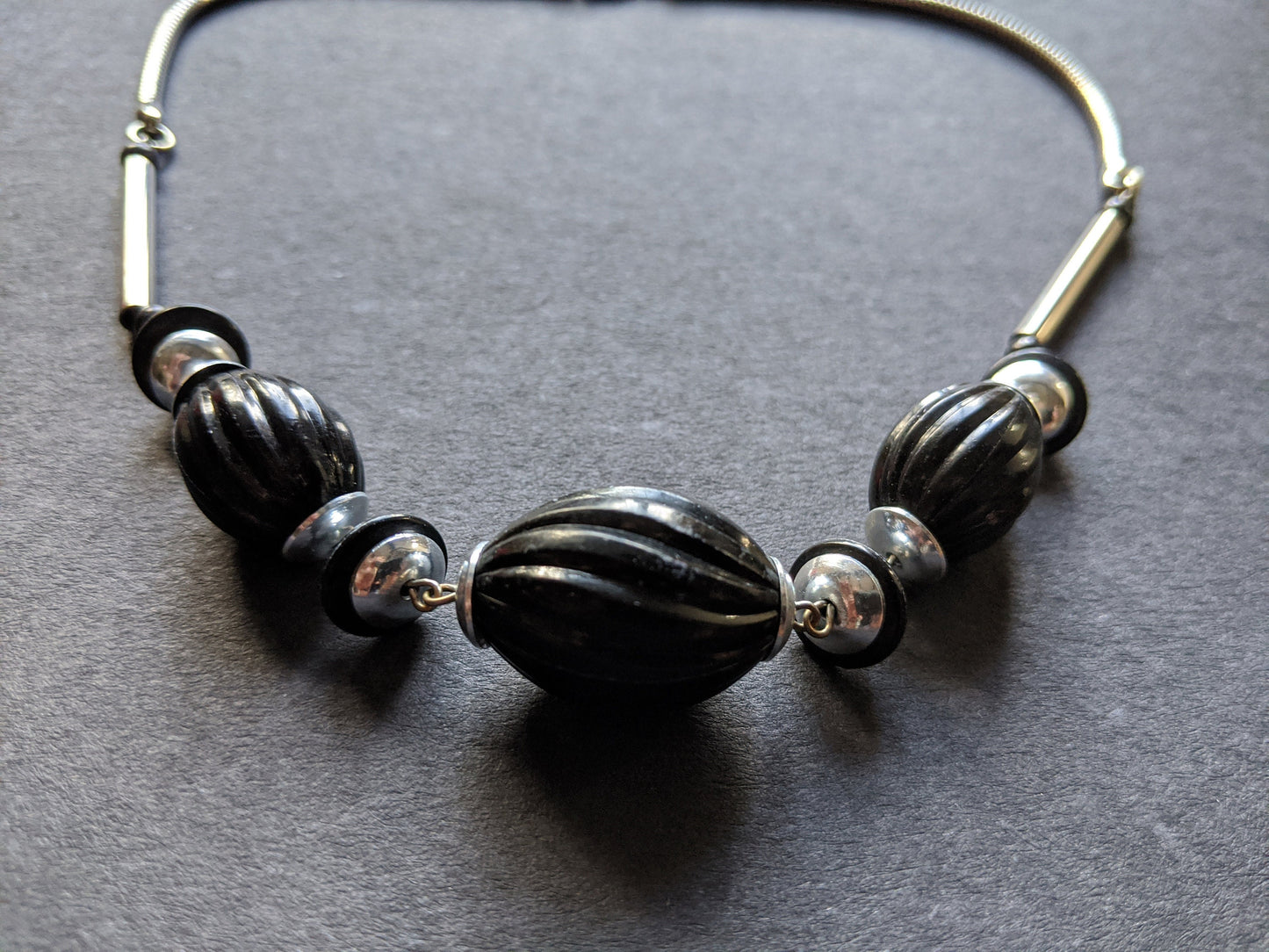 Vintage Jakob Bengel Art Deco machine age chrome and black galalith geometric necklace with beautifully shaped beads