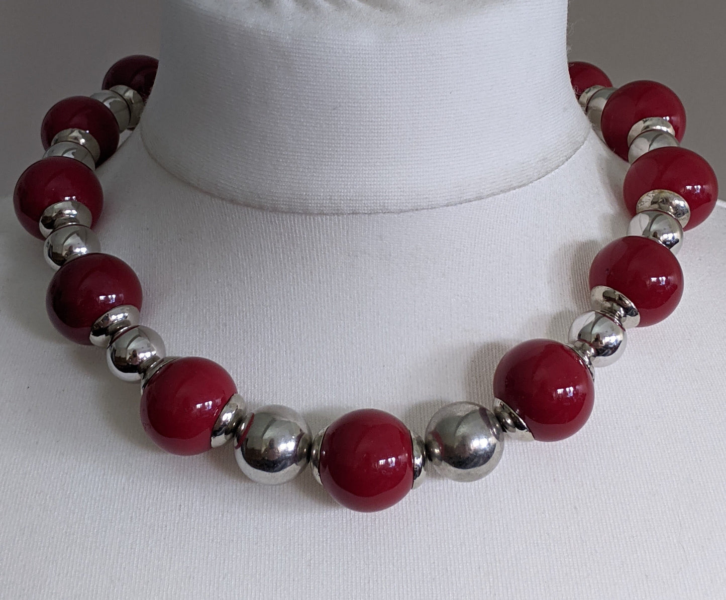 VIntage Art Deco Jakob Bengel machine age chrome and large bright lipstick red galalith bead chunky statement necklace - unused shop stock