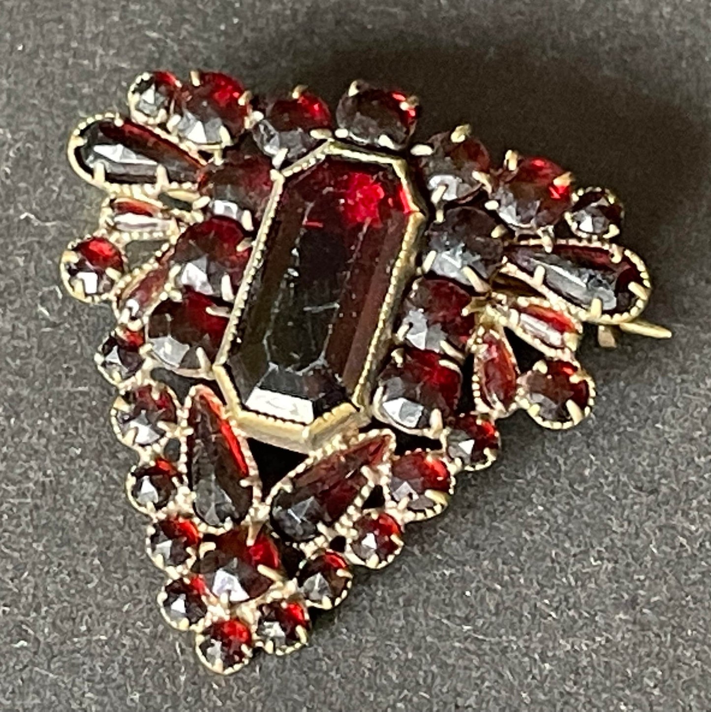 Large vintage / antique Bohemian garnet brooch, different shaped stones set in gold tone, early Art Deco period 1920s