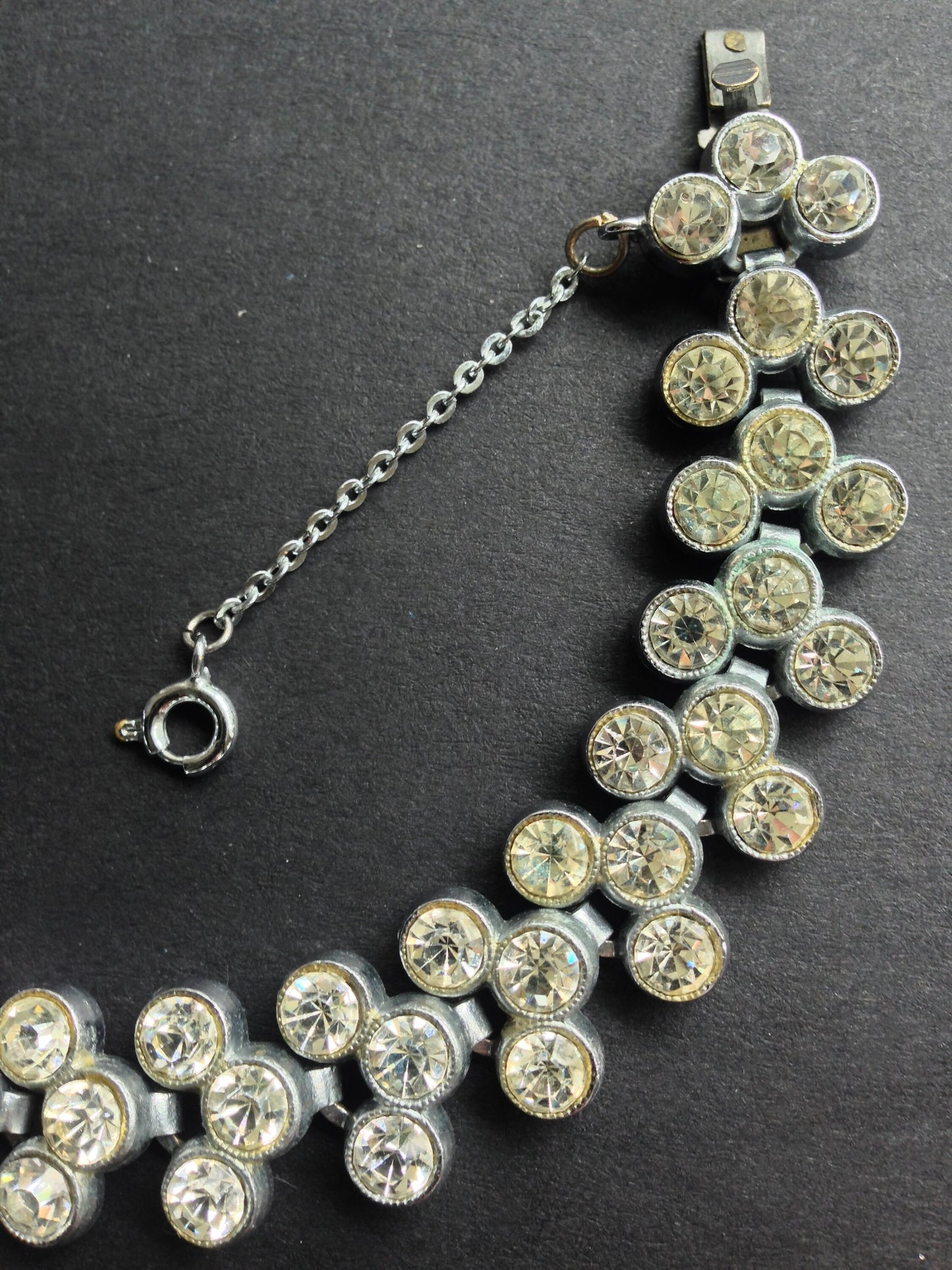 Vintage 1930s Art Deco geometric collet set crystal rhinestone and silver tone bracelet