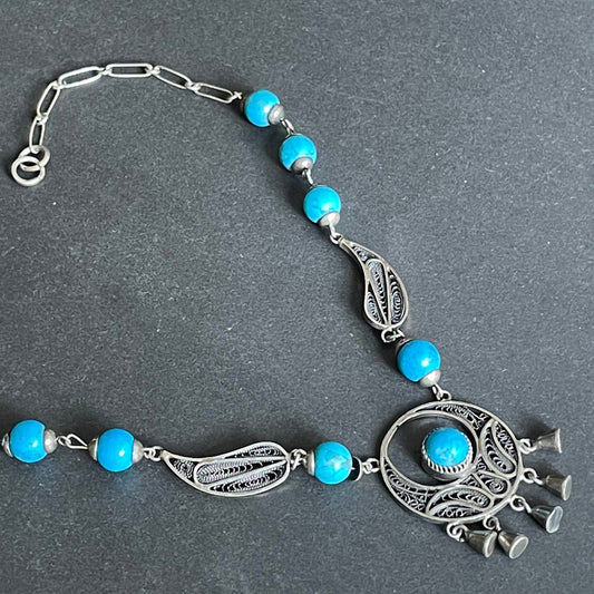 Vintage Indian sterling silver, real turquoise bead & filigree necklace, lovely fringe pendant with cabochon and paisley panels - Kashmiri?