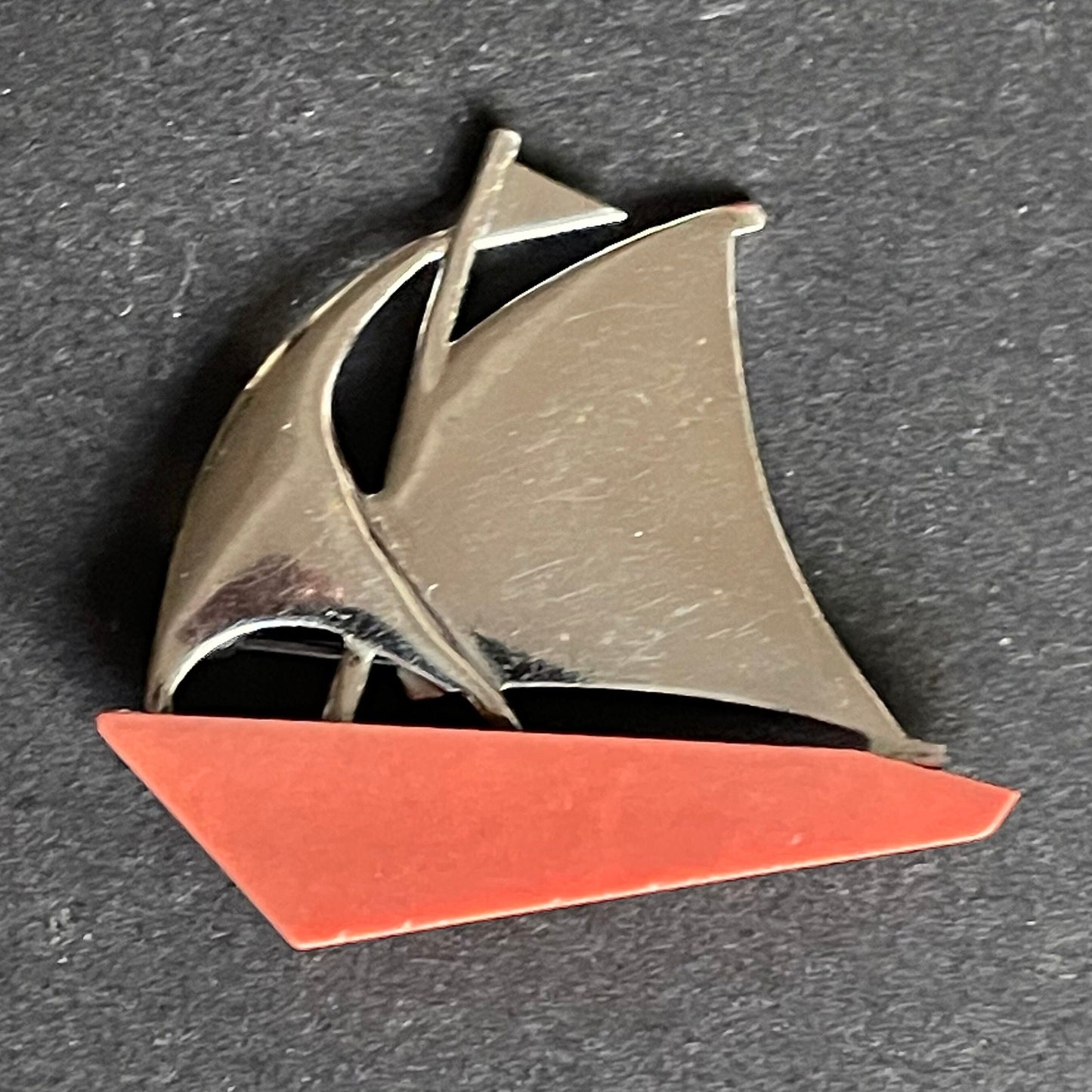 Choice of two vintage Jakob Bengel yacht / boat brooch - Art Deco machine age, beautiful blue or orange galalith and chrome pin