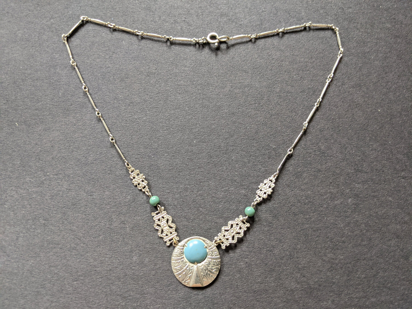 Vintage Jakob Bengel Art Deco machine age silver tone, aqua blue galalith and glass bead necklace