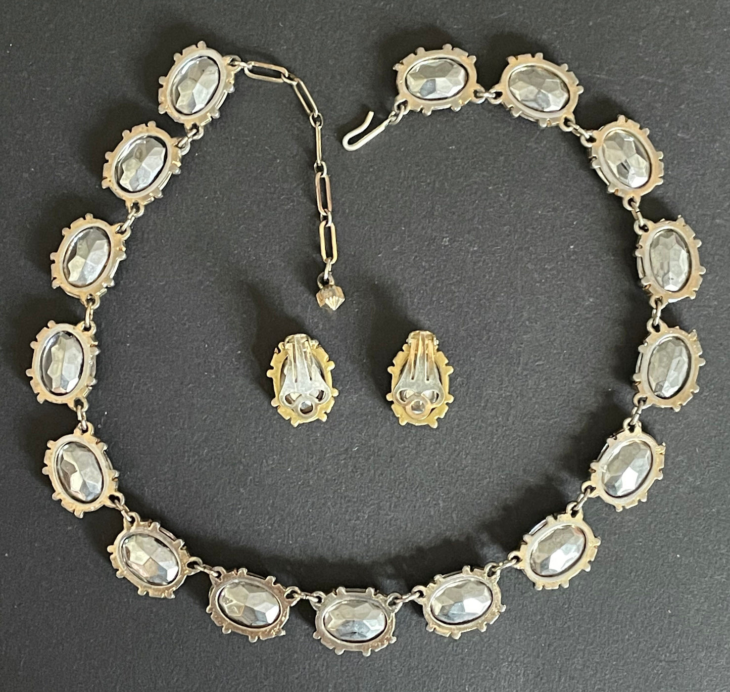 Vintage Sphinx watermelon glass riviere necklace and clip on earrings set, heavy, bezel set, open-backed stones in pale gold tone