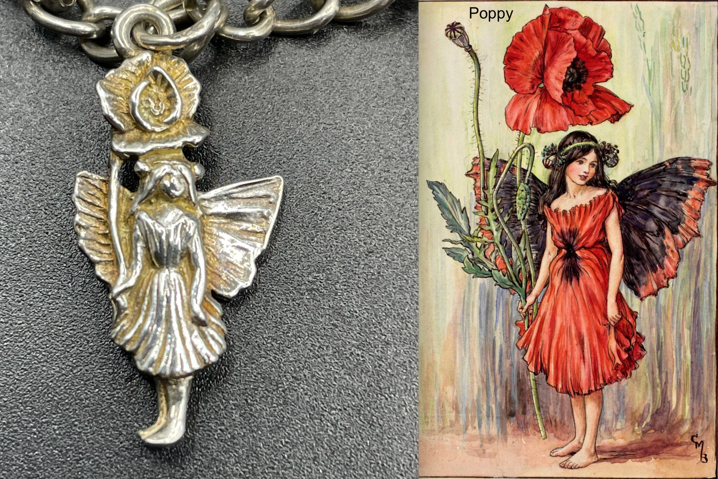 Vintage Cicely Mary Barker Flower Fairies 925 sterling silver fairy charm bracelet hallmarked by ASJ jewellers, 25 grams