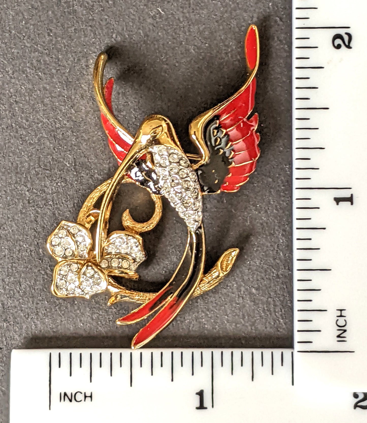 Vintage Attwood and Sawyer hummingbird brooch, gold plated, red and black enamel and rhinestone, signed A&S