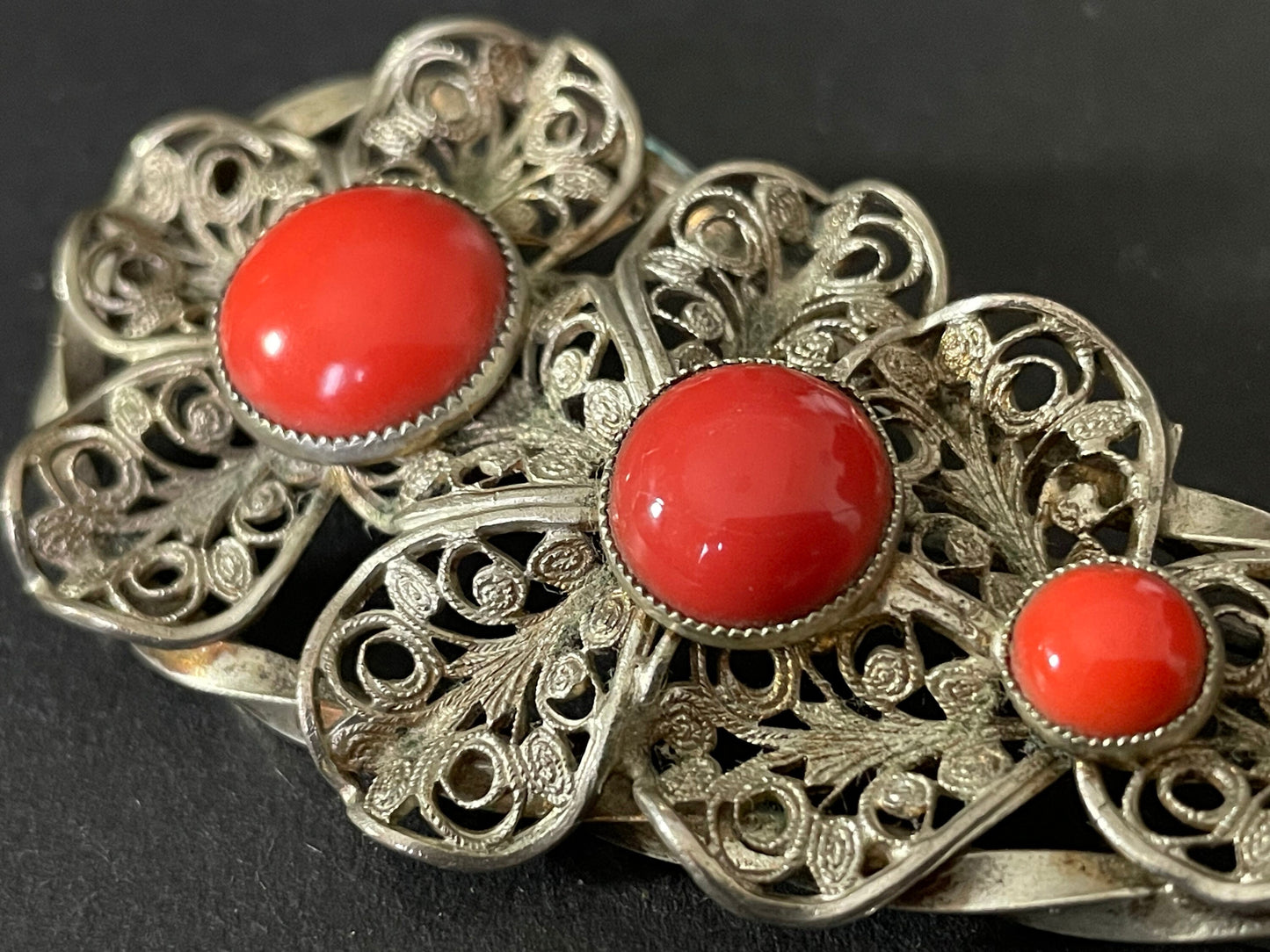 Huge vintage Art Deco Max Neiger brothers Czech brooch, bright lipstick red glass cabochons silver tone filigree