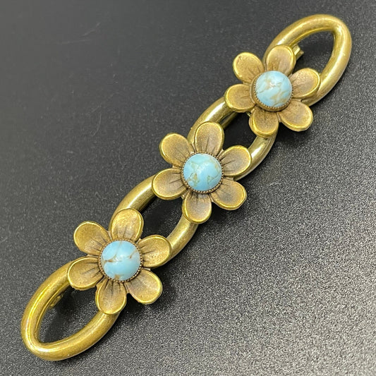 Vintage Neiger Brothers (Max and Norbert) long flower brooch - faux turquoise glass cabochons & gold tone