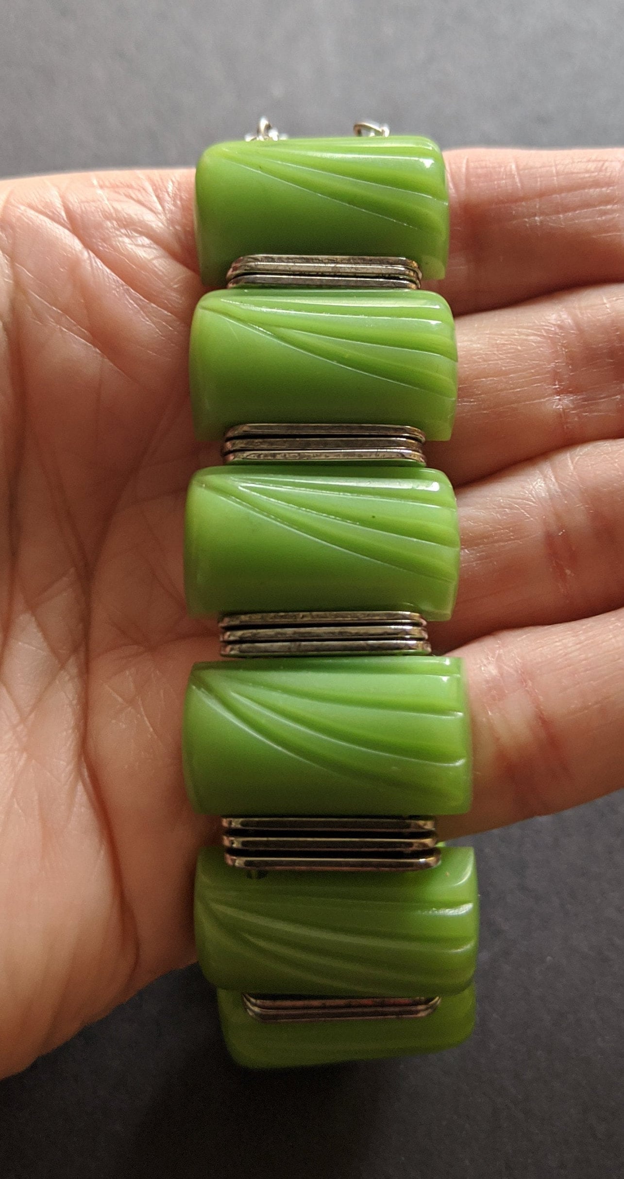 Vintage Jakob Bengel Art Deco machine age geometric chrome and chunky green galalith wide cuff bracelet