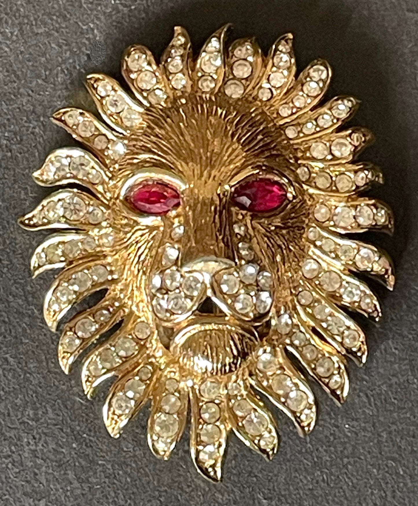 Vintage Attwood and Sawyer (A&S) large rhinestone lion brooch - signed, gold-plated, unusual ruby red rhinestone eyes