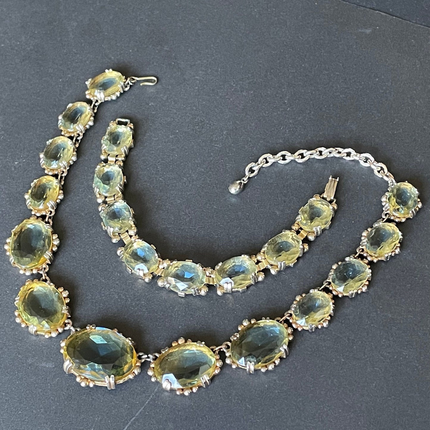 Vintage bi-colour citrine yellow & sapphire blue large crystal riviere necklace and bracelet set, by Sphinx