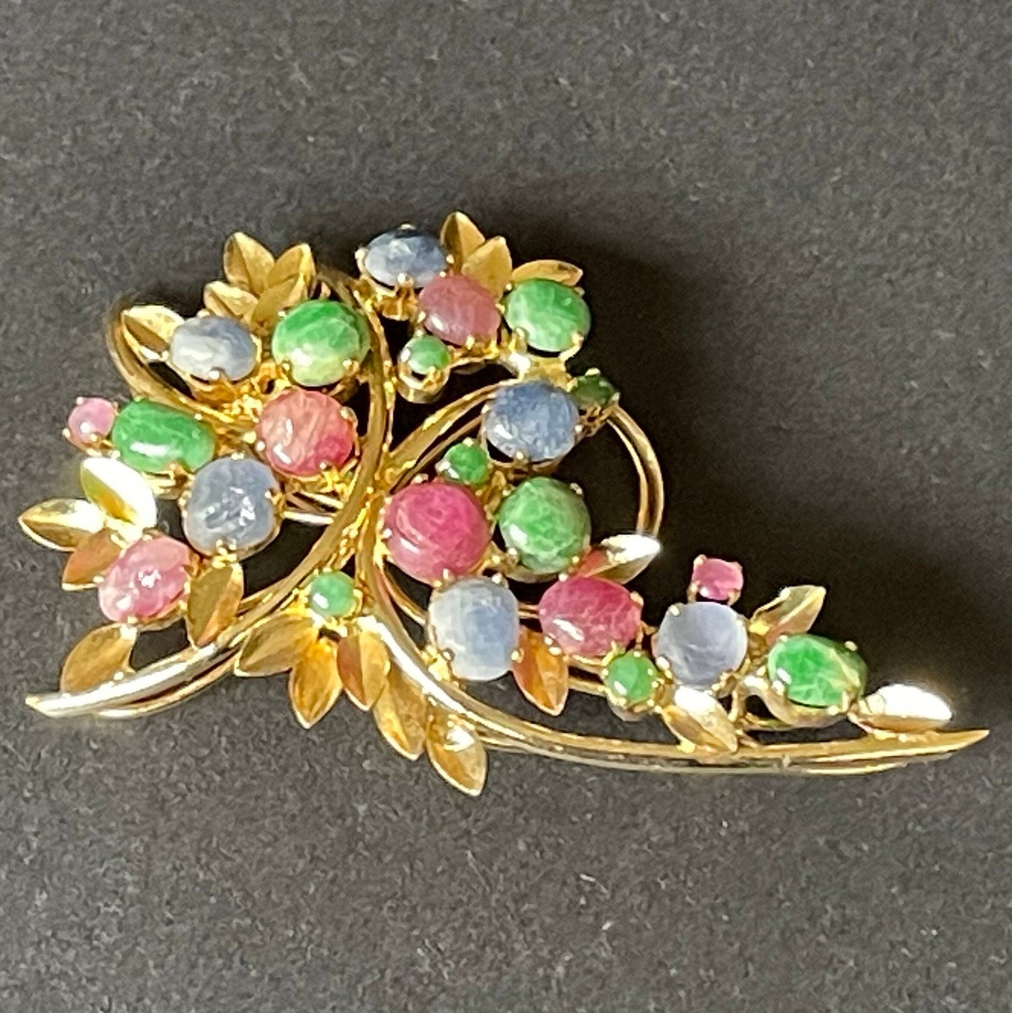 Large vintage pastel colour gemstone cabochon floral spray bouquet brooch, delicate gold tone settings, raw ruby, emerald, sapphire