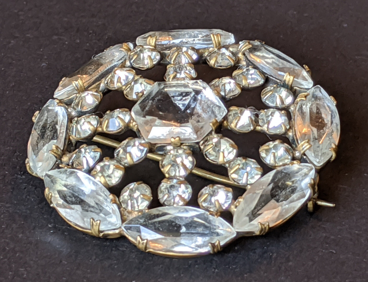 Vintage Art Deco Czech crystal rhinestone, open-backed, gold tone brooch pin, stunning large clear crystals in unusual shapes