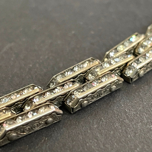 Vintage Art Deco channel set paste rhinestone geometric machine age cocktail bracelet - signed DRGM (Schreiber & Hiller)