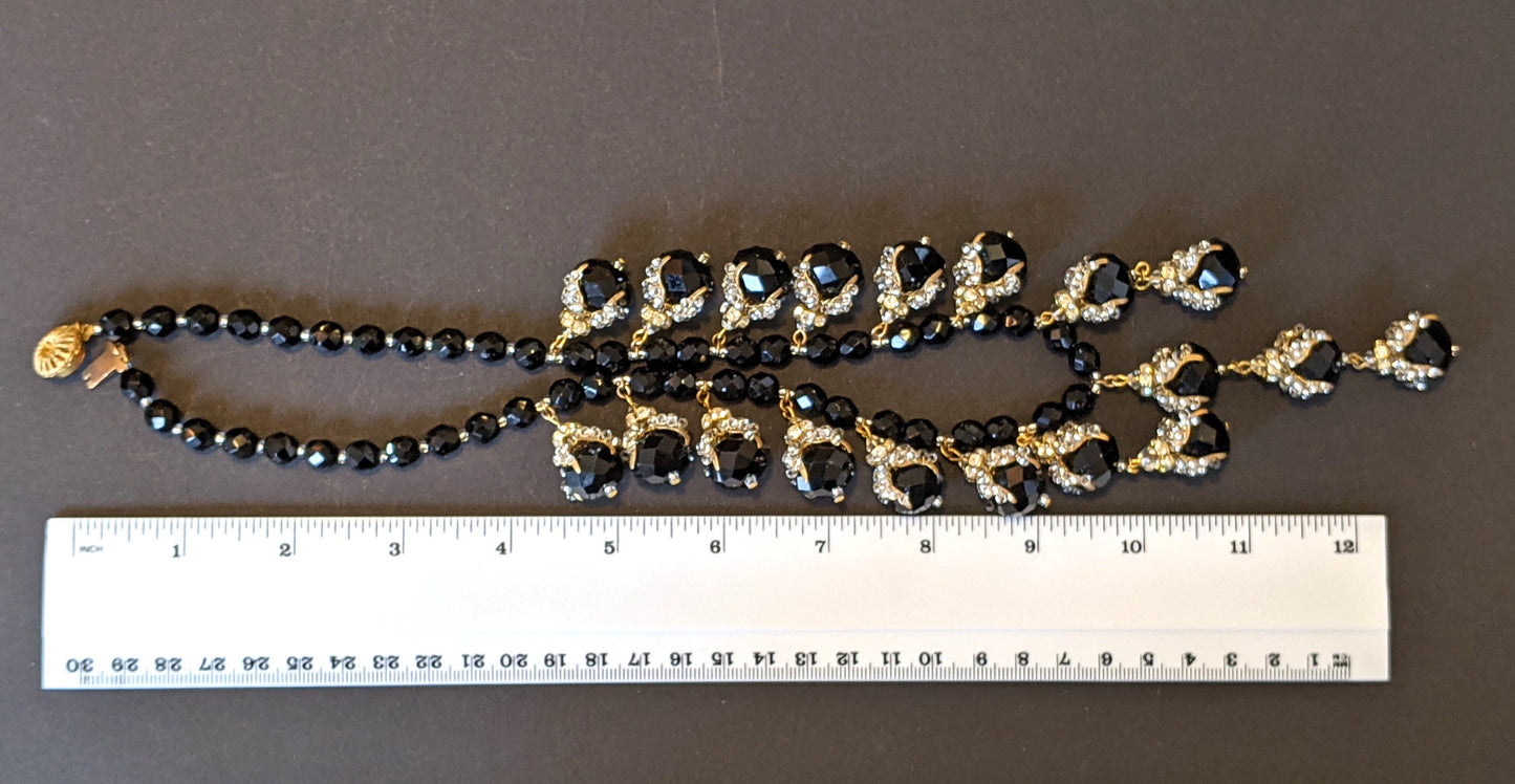 Vintage unsigned Stanley Hagler or Miriam Haskell heavy black French jet and rondelle fringe necklace, intricately beaded bead caps - in box