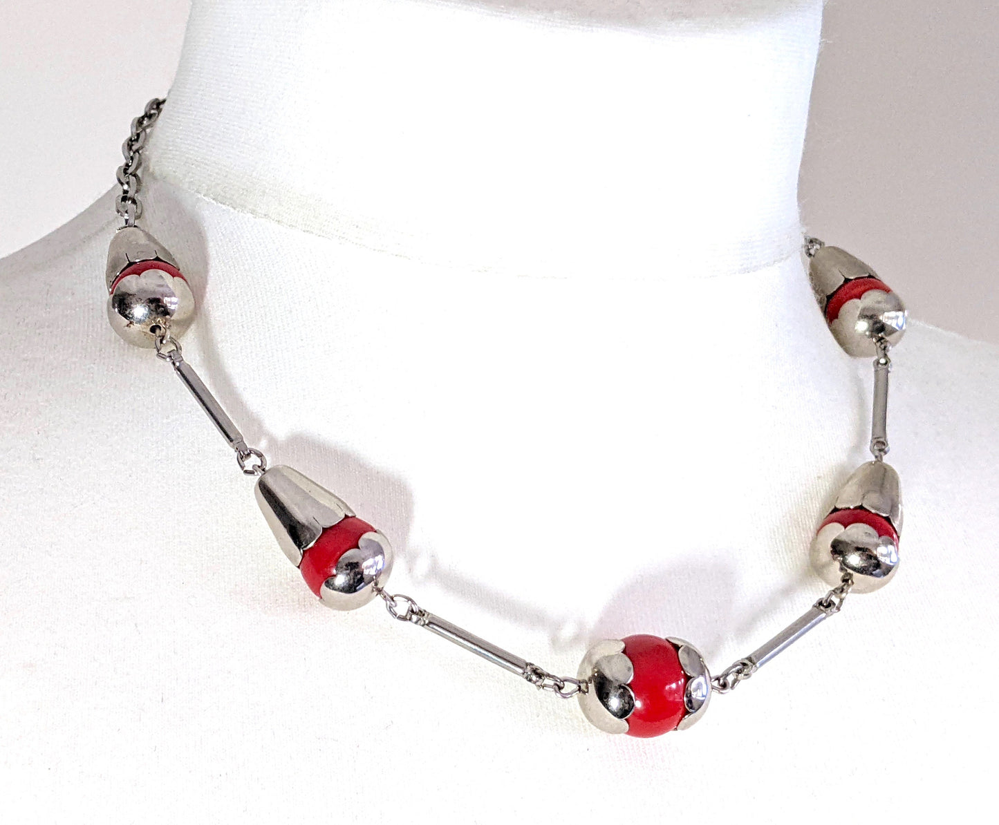 Vintage Jakob Bengel Art Deco machine age silver tone / chrome and bright red galalith bead chunky geometric statement necklace